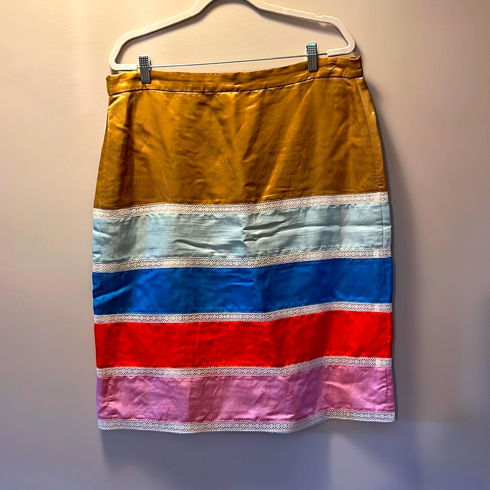 J Crew Sz 16 Gorgeous Colorblock Linen Cupro Blend Skirt with eyelet. Fabulous!